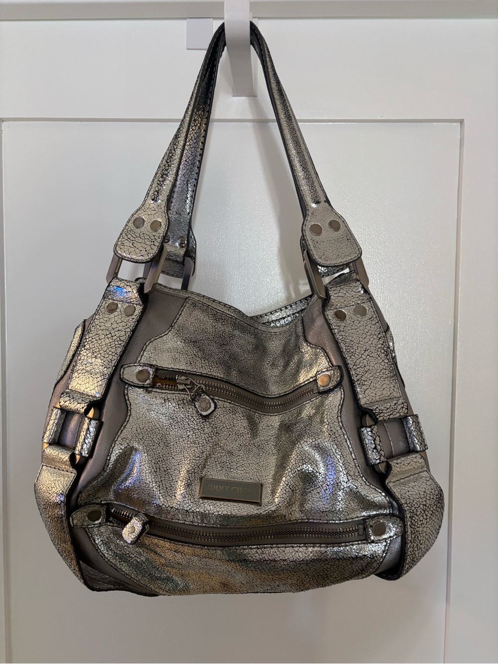 Jimmy Choo Metallic Silver Crackle Shoulder Bag